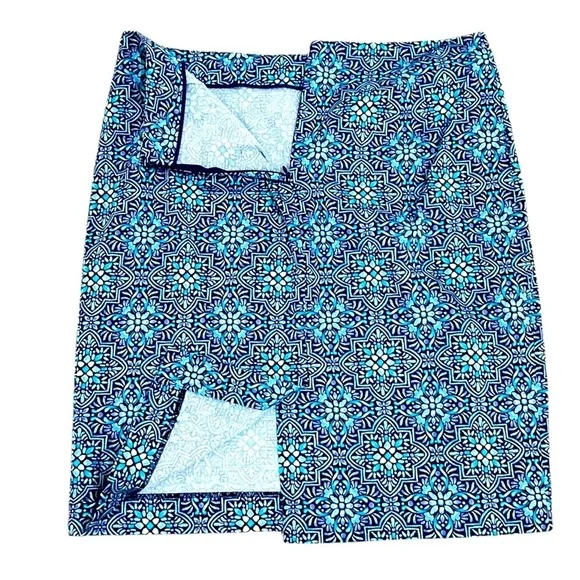 Talbots blues patterned stretch pencil skirt back slit size 10 petite - Picture 3 of 6